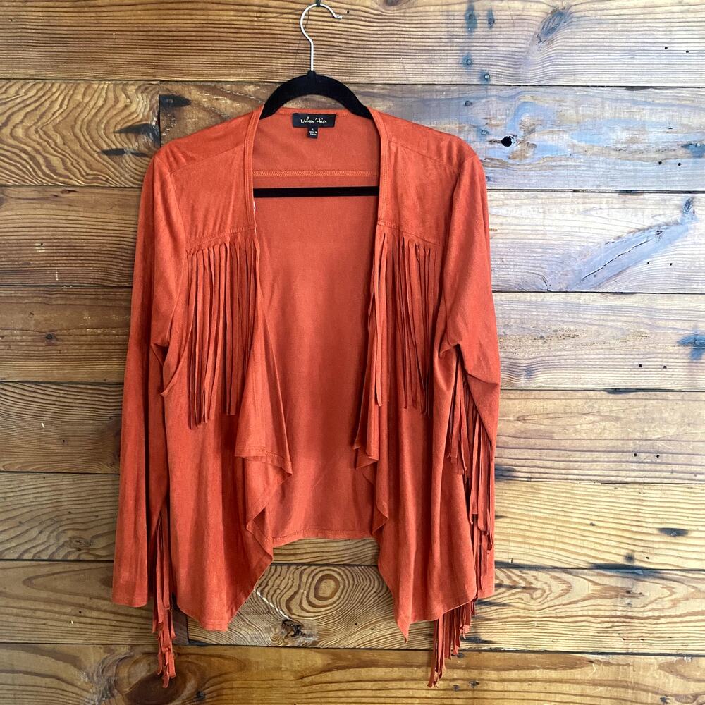 Melissa Paige Orange Soft Suede Fringe Cardigan size Large